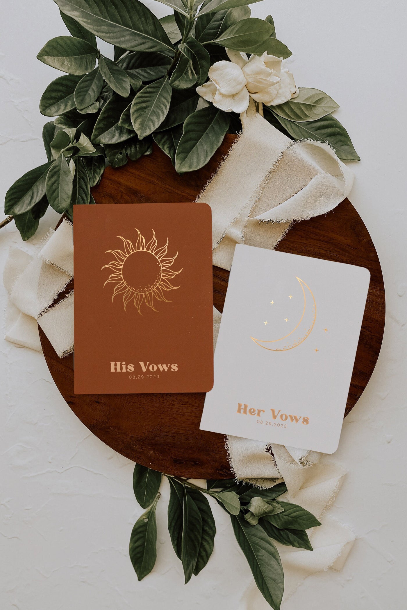 Vow books for your wedding or vow renewal, Sun and moon, Boho neutral colors, Gold silver or rose gold foil, Vow journal for him or her
