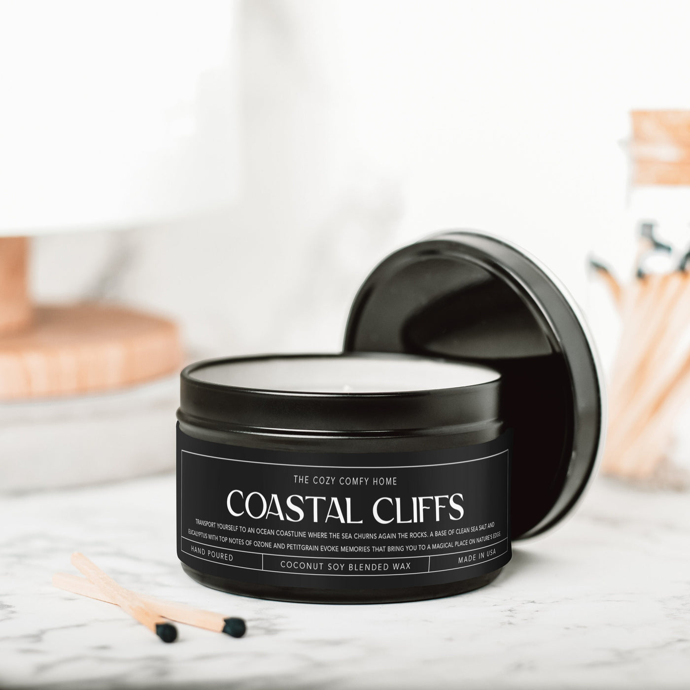Coastal Cliffs hand poured candle, Scented Vegan Candle, 4 oz or 8 oz coconut soy wax tin candle, Gift for her, Gift For mom Gift for Sister