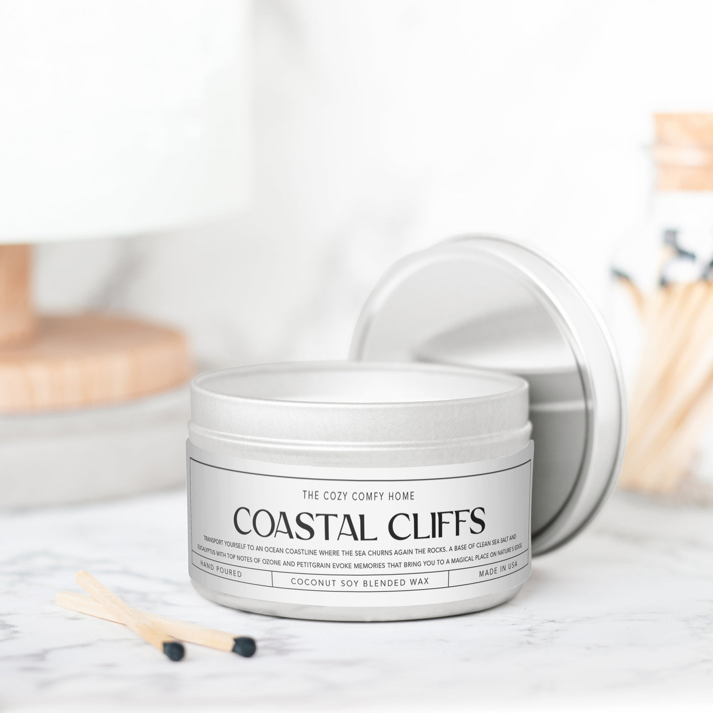 Coastal Cliffs hand poured candle, Scented Vegan Candle, 4 oz or 8 oz coconut soy wax tin candle, Gift for her, Gift For mom Gift for Sister