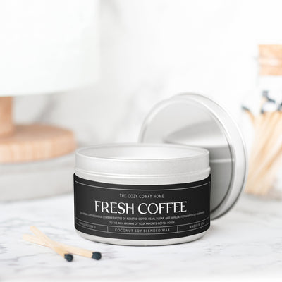 Fresh Coffee hand poured candle, Scented Vegan Candle, 4 oz or 8 oz coconut soy wax tin candle, Gift for her, Gift For mom Gift for Sister