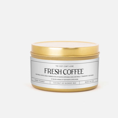 Fresh Coffee hand poured candle, Scented Vegan Candle, 4 oz or 8 oz coconut soy wax tin candle, Gold Silver or Black, Gift for her
