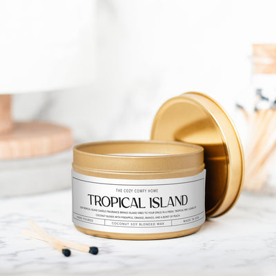 Tropical Island hand poured candle, Scented Vegan Candle, 4 oz or 8 oz coconut soy wax tin candle, Gold Silver or Black, Gift for her