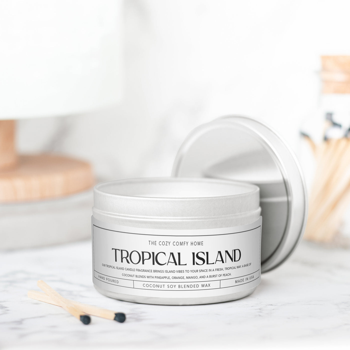 Tropical Island hand poured candle, Scented Vegan Candle, 4 oz or 8 oz coconut soy wax tin candle, Gold Silver or Black, Gift for her