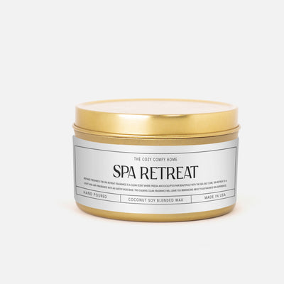 Spa Retreat hand poured candle, Scented Vegan Candle, 4 oz or 8 oz coconut soy wax tin candle, Gold Silver or Black, Gift for her