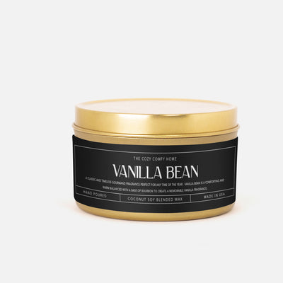 Vanilla Bean hand poured candle, Scented Vegan Candle, 4 oz or 8 oz coconut soy wax tin candle, Gold Silver or Black, Gift for her