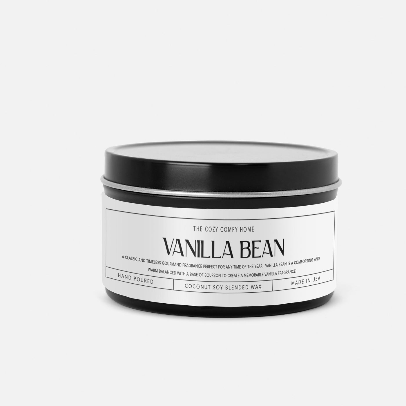 Vanilla Bean hand poured candle, Scented Vegan Candle, 4 oz or 8 oz coconut soy wax tin candle, Gold Silver or Black, Gift for her