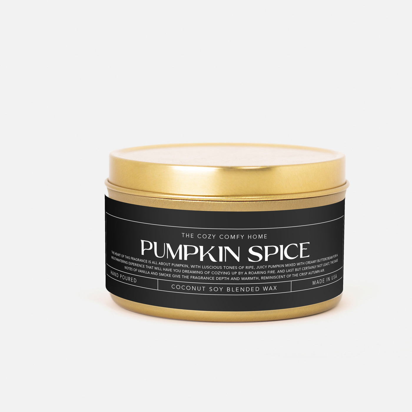 Pumpkin Spice hand poured candle, Scented Vegan Candle, 4 oz or 8 oz coconut soy wax tin candle, Gold Silver or Black, Gift for her