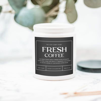 Fresh Coffee hand poured candle, Scented Nontoxic Vegan Candle, 8 oz coconut soy wax tin candle, Black or White Ceramic Candle, Jar Candle