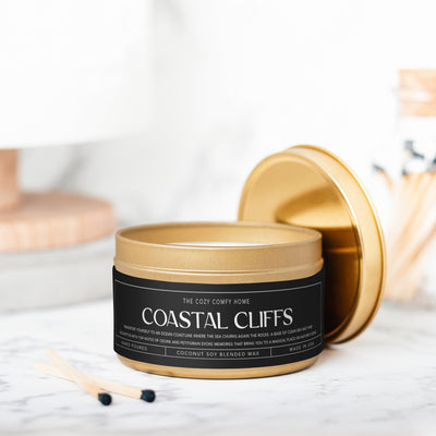 Coastal Cliffs hand poured candle, Scented Vegan Candle, 4 oz or 8 oz coconut soy wax tin candle, Gift for her, Gift For mom Gift for Sister