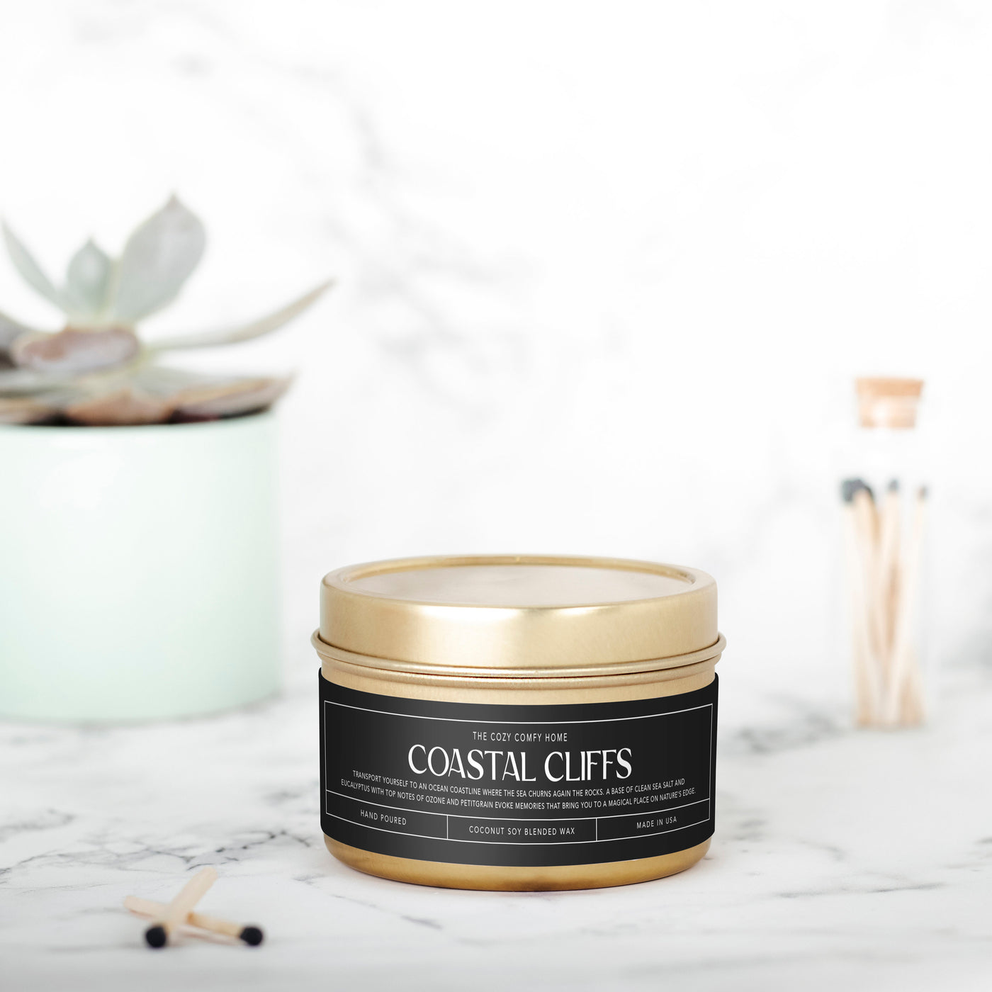 Coastal Cliffs hand poured candle, Scented Vegan Candle, 4 oz or 8 oz coconut soy wax tin candle, Gift for her, Gift For mom Gift for Sister