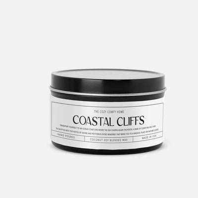 Coastal Cliffs hand poured candle, Scented Vegan Candle, 4 oz or 8 oz coconut soy wax tin candle, Gift for her, Gift For mom Gift for Sister