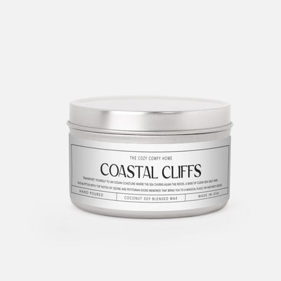 Coastal Cliffs hand poured candle, Scented Vegan Candle, 4 oz or 8 oz coconut soy wax tin candle, Gift for her, Gift For mom Gift for Sister