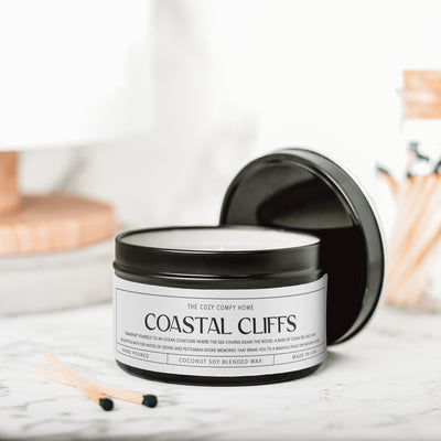 Coastal Cliffs hand poured candle, Scented Vegan Candle, 4 oz or 8 oz coconut soy wax tin candle, Gift for her, Gift For mom Gift for Sister