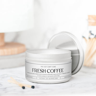 Fresh Coffee hand poured candle, Scented Vegan Candle, 4 oz or 8 oz coconut soy wax tin candle, Gold Silver or Black, Gift for her