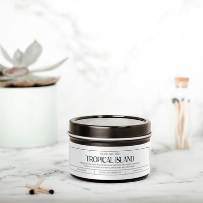 Tropical Island hand poured candle, Scented Vegan Candle, 4 oz or 8 oz coconut soy wax tin candle, Gold Silver or Black, Gift for her