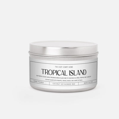 Tropical Island hand poured candle, Scented Vegan Candle, 4 oz or 8 oz coconut soy wax tin candle, Gold Silver or Black, Gift for her