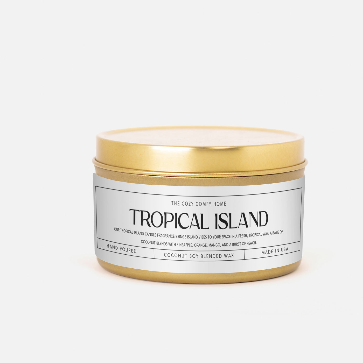 Tropical Island hand poured candle, Scented Vegan Candle, 4 oz or 8 oz coconut soy wax tin candle, Gold Silver or Black, Gift for her