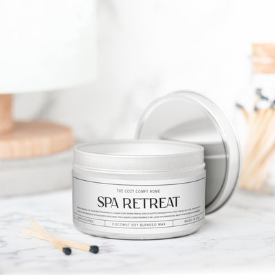 Spa Retreat hand poured candle, Scented Vegan Candle, 4 oz or 8 oz coconut soy wax tin candle, Gold Silver or Black, Gift for her