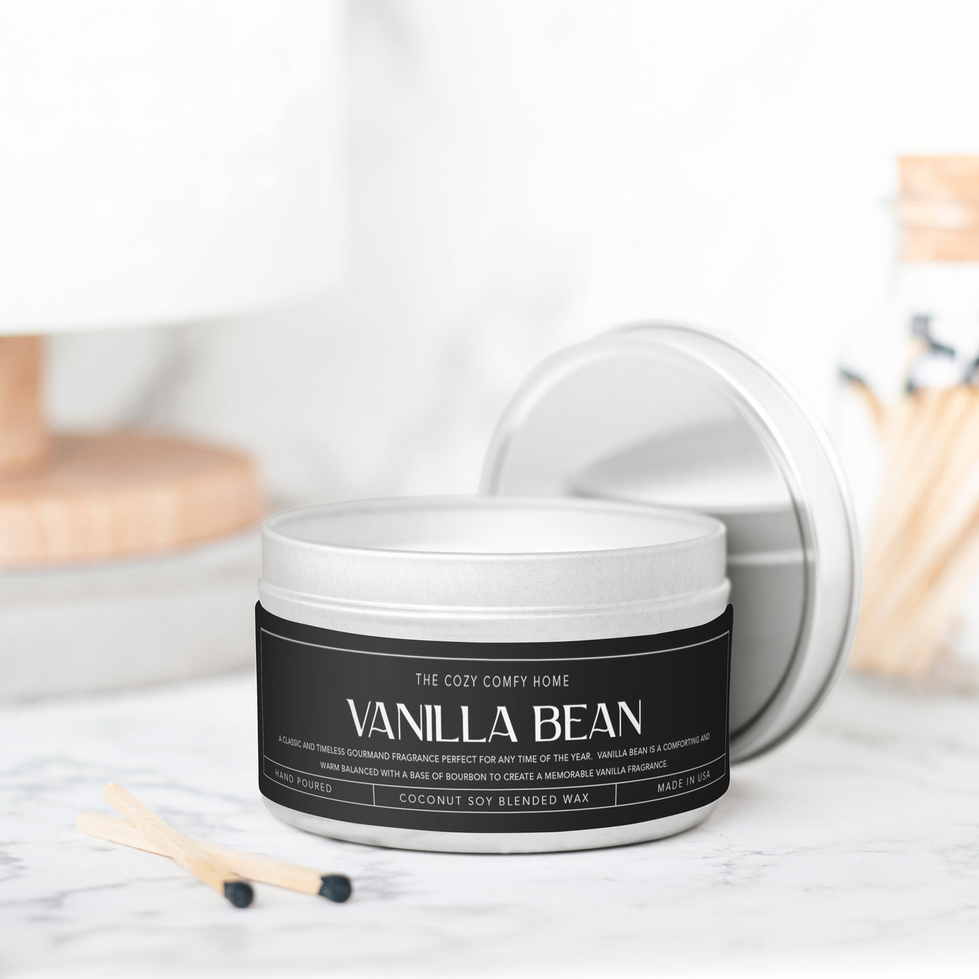 Vanilla Bean hand poured candle, Scented Vegan Candle, 4 oz or 8 oz coconut soy wax tin candle, Gold Silver or Black, Gift for her