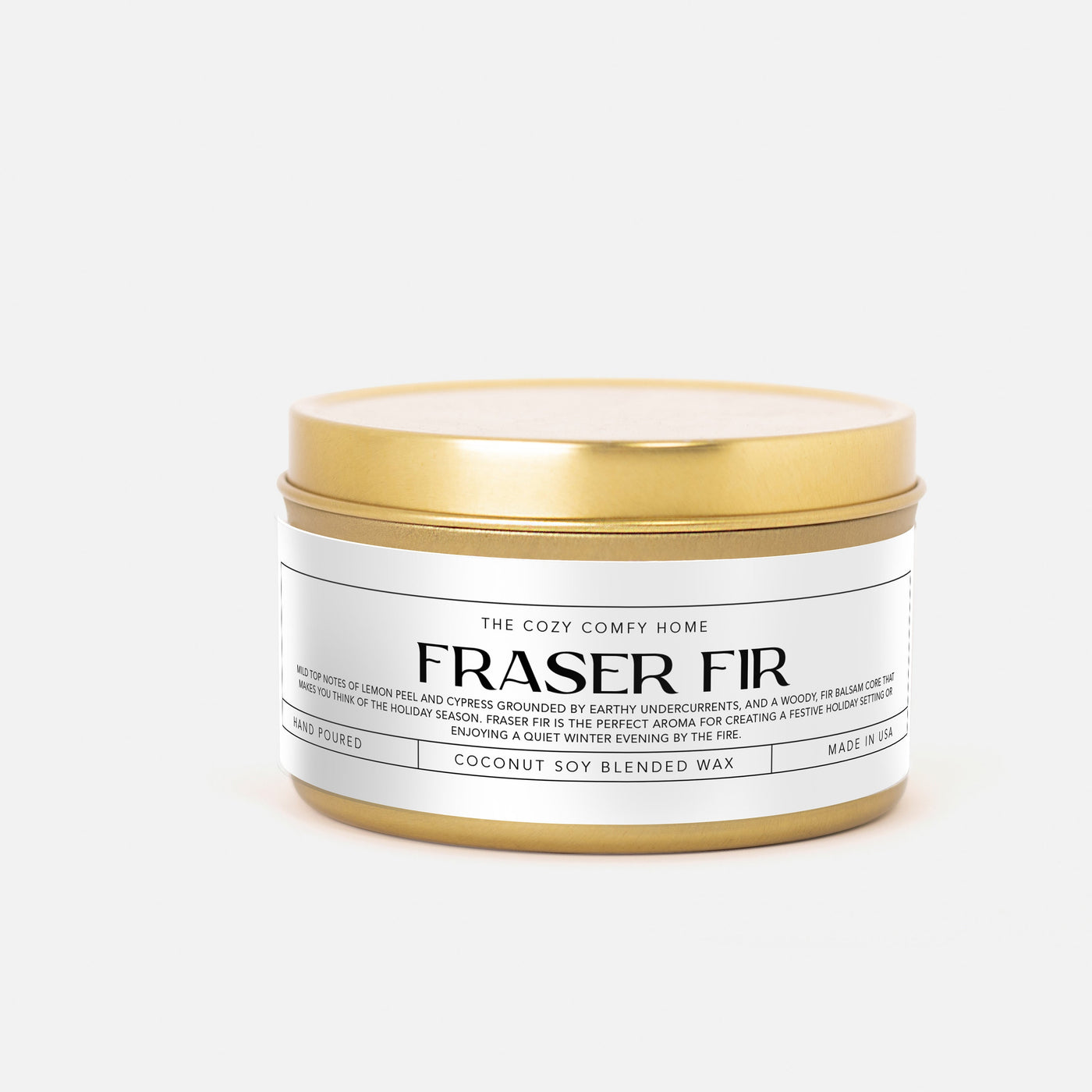 Fraser Fir hand poured candle, Scented Vegan Candle, 4 oz or 8 oz coconut soy wax tin candle, Gold Silver or Black, Gift for her