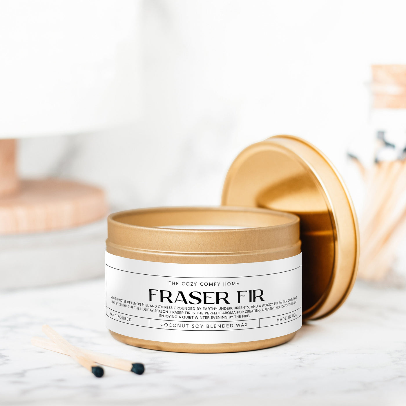 Fraser Fir hand poured candle, Scented Vegan Candle, 4 oz or 8 oz coconut soy wax tin candle, Gold Silver or Black, Gift for her