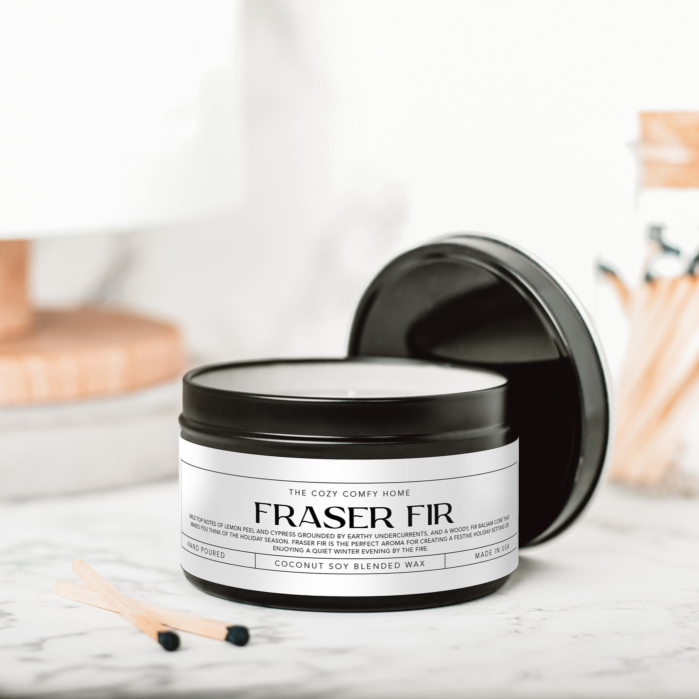 Fraser Fir hand poured candle, Scented Vegan Candle, 4 oz or 8 oz coconut soy wax tin candle, Gold Silver or Black, Gift for her