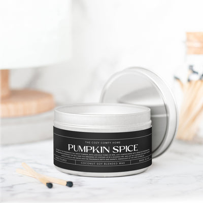 Pumpkin Spice hand poured candle, Scented Vegan Candle, 4 oz or 8 oz coconut soy wax tin candle, Gold Silver or Black, Gift for her