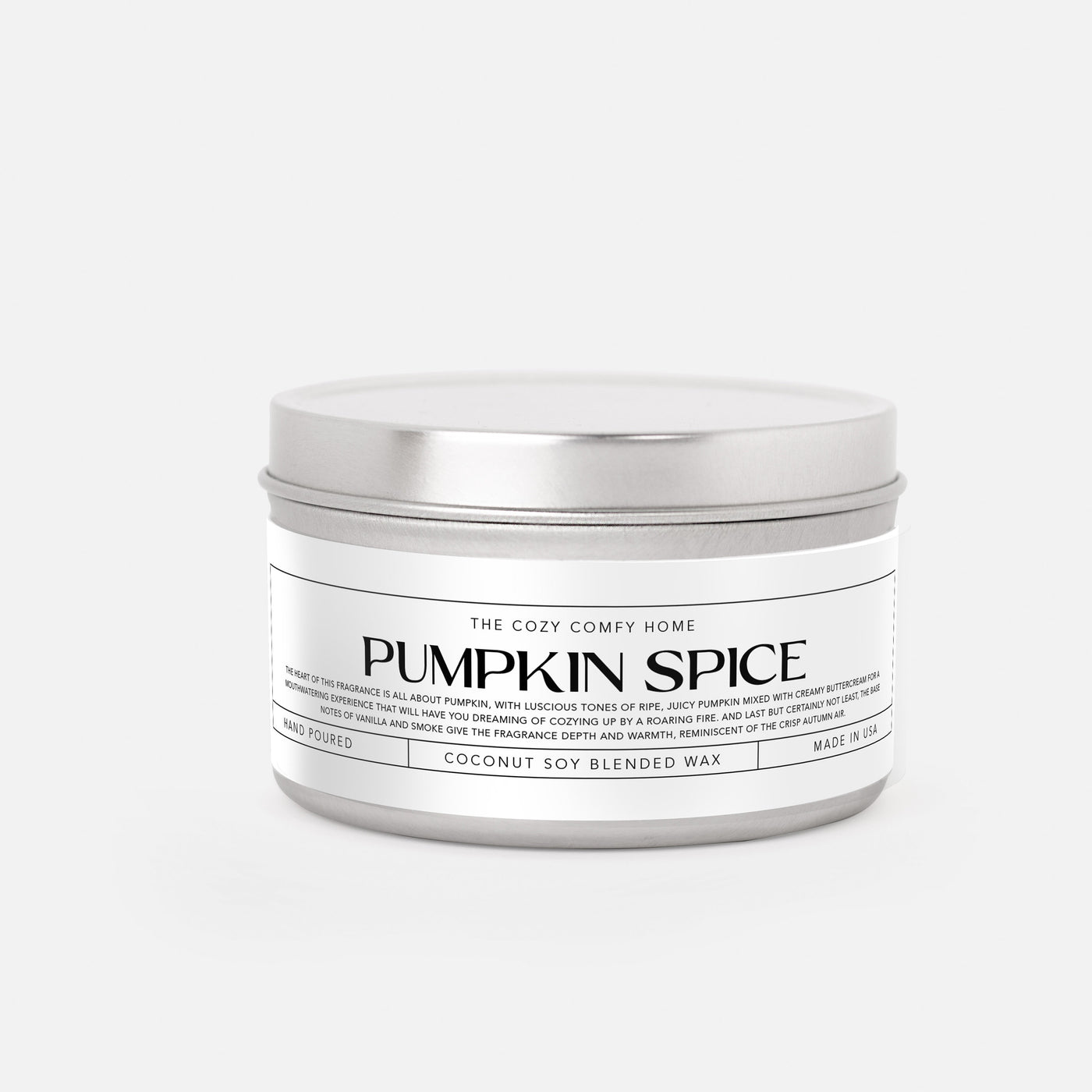 Pumpkin Spice hand poured candle, Scented Vegan Candle, 4 oz or 8 oz coconut soy wax tin candle, Gold Silver or Black, Gift for her