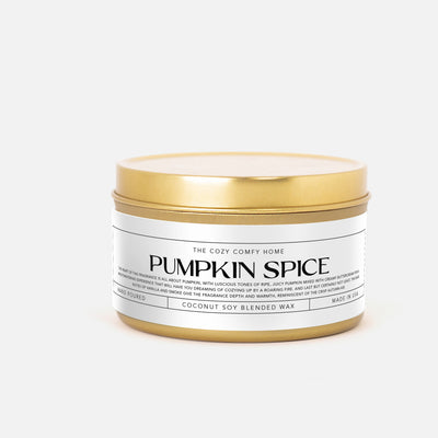 Pumpkin Spice hand poured candle, Scented Vegan Candle, 4 oz or 8 oz coconut soy wax tin candle, Gold Silver or Black, Gift for her