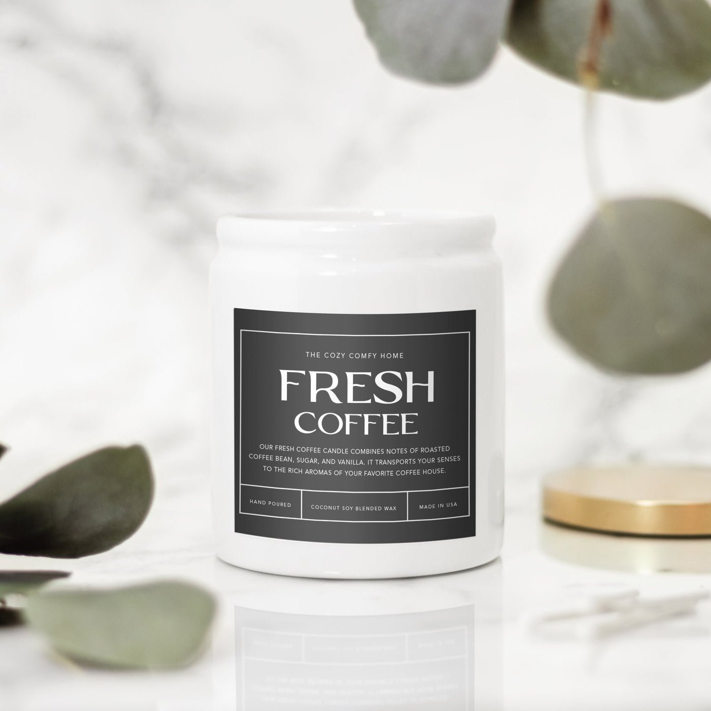 Fresh Coffee hand poured candle, Scented Nontoxic Vegan Candle, 8 oz coconut soy wax tin candle, Black or White Ceramic Candle, Jar Candle