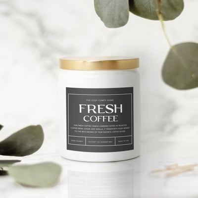 Fresh Coffee hand poured candle, Scented Nontoxic Vegan Candle, 8 oz coconut soy wax tin candle, Black or White Ceramic Candle, Jar Candle